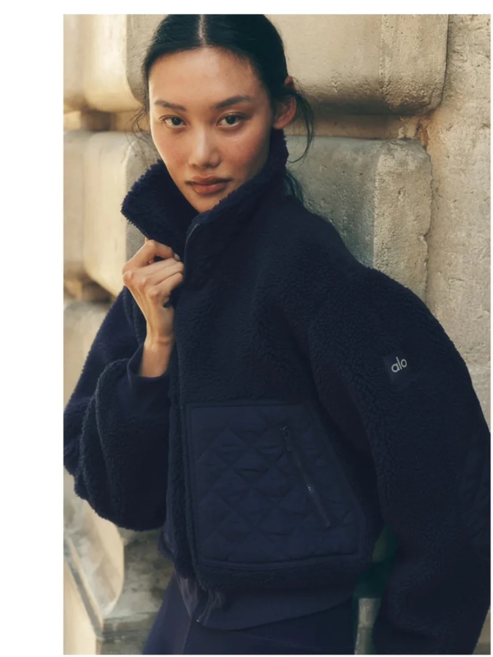 Alo Yoga Sherpa Edge Bomber Jacket Navy Cropped Teddy Fleece XS